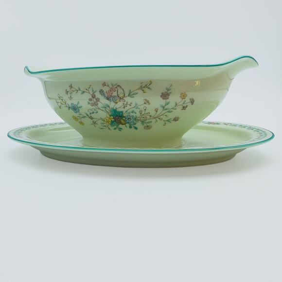 Vintage Noritake Japan Paradise Green 8223 W80 Floral Gravy Bowl with Platter - Picture 2 of 8